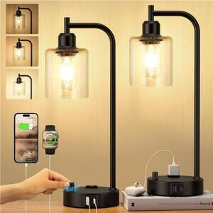 Set of 2 industrial dimmable table lamps with usb ports outlet for bedroom